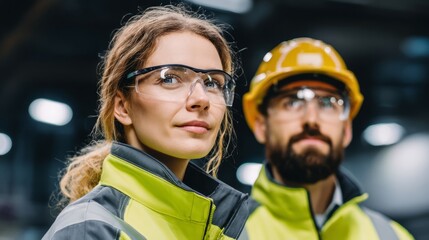 Obraz premium Two professionals in safety gear working near machinery in an industrial factory. 