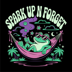 A cartoon frog in sunglasses relaxes in a hammock under a night sky, surrounded by psychedelic elements, with the words 