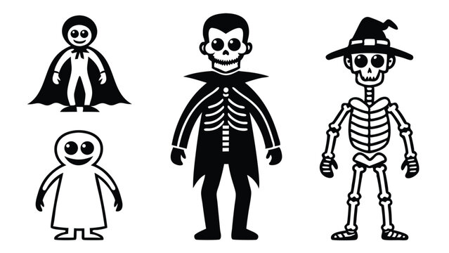 Adorable black and white illustrations of various halloween costume characters with friendly expressions