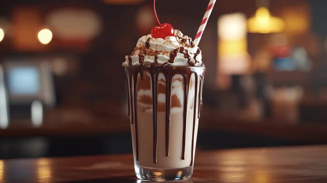 Delicious chocolate milkshake with whipped cream and cherry in a cozy caf&eacute; setting