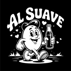 A cartoon egg character, wearing a cap, holding a soda bottle, walking on a black background.