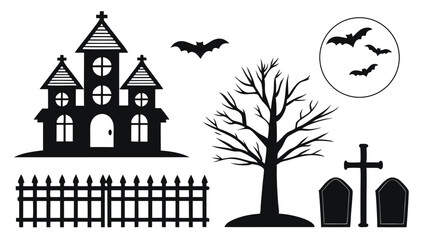 Black and white halloween themed illustration with a spooky haunted house and elements associated with autumn