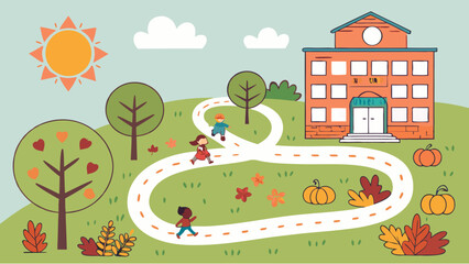 Naklejka premium Joyful Children on Winding Path to School, Autumn Landscape with Falling Leaves and Pumpkins, Back to School Season Illustration