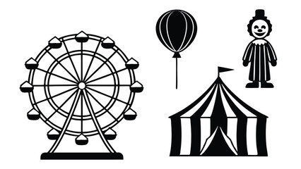 Black and white illustration of a circus theme showing carnival fun elements.