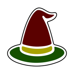 Brown and olive green Halloween witch hat isolated on white background. Flat vector icon illustration for spooky holiday decoration and magical costume themes.