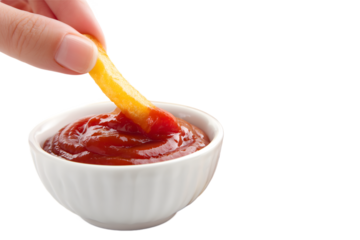 Close-up of a hand dipping a crispy French fry into a bowl of tomato ketchup, isolated on white background, representing fast food, snack time, and tasty eating moments.

