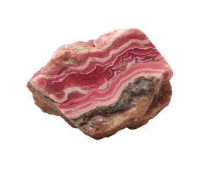 Close-up of a pink banded mineral specimen.  Layered, irregular shape