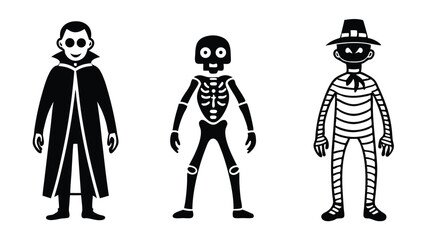 Black and white stylized illustration featuring a vampire a skeleton and a robber characters set in a row.