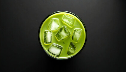 Refreshing Iced Matcha Latte: Overhead View with Ice Cubes on Black