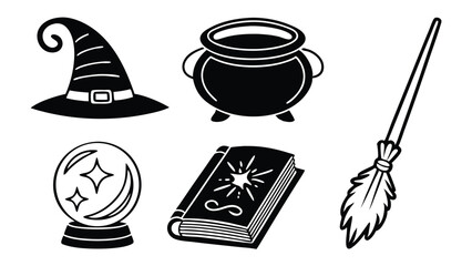 Black and white vector illustration of magical witchcraft tools and symbols for halloween celebrations and designs.