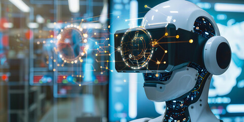 Artificial Intelligence Robot Monitoring Digital Data | Futuristic Robot in Command Center with Analytics | High-Tech AI Assistant in Control Room

