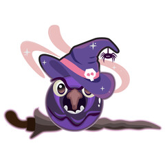 A funny and spooky cartoon donut character dressed as a witch, wearing a purple wizard hat with a skull symbol and a hanging spider. 