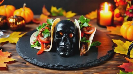 Three tacos served with a black skull centerpiece on a slate plate, surrounded by pumpkins, candles, and autumn leaves for Halloween