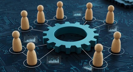 representing a technological network and data analysi, Wooden figures on a circuit board are connected to a central gear and data charts, with Generated AI 