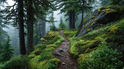 Obraz premium Misty forest trail winds through mossy rocks and lush greenery
