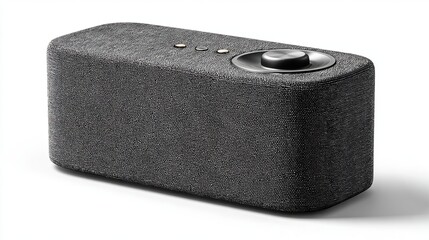 Textured gray rectangular speaker with volume knob and three small buttons