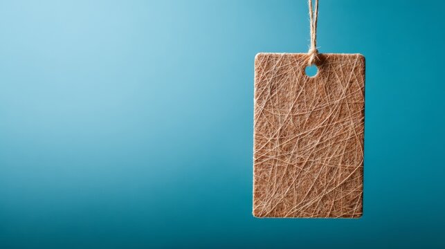 Vintage paper tag floating in blue space with abstract texture, minimalist design concept.
