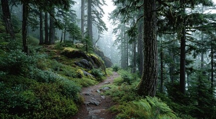Obraz premium Misty forest path winds through lush greenery and tall trees