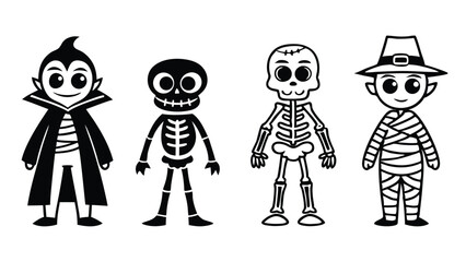 Cute halloween costume characters in black and white featuring a vampire skeleton zombie and mummy vector illustration
