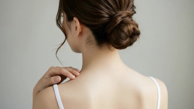 Womans back with elegant updo hairstyle and delicate skin