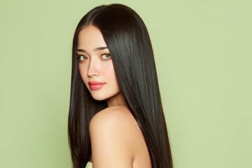 Photo of a Woman with Long Straight Black Hair on a Green Background - Beauty, Haircare Concept