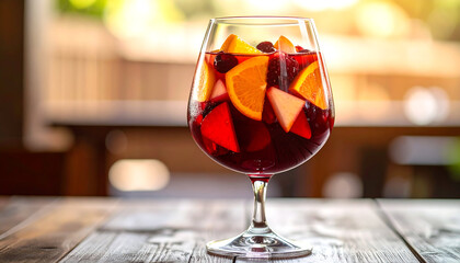 Refreshing Sangria Cocktail with Fruit in Elegant Glass, Summer Drink.