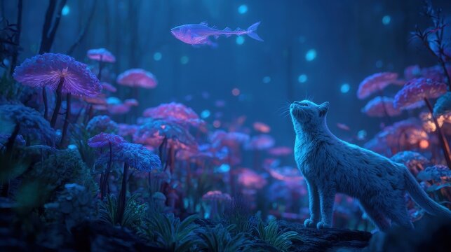 A silver cat stands among fluorescent mushrooms in a moonlit forest, creating a surreal image. This is a popular digital art piece perfect for a book cover or game scene. International Cat Day