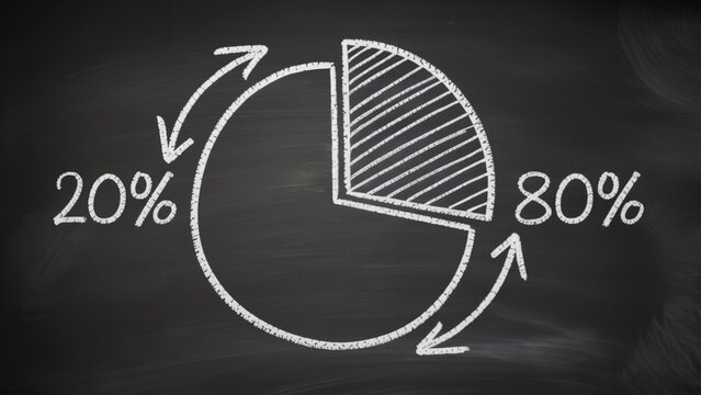 Dynamic 80/20 Pareto principle concept visualized with chalk on blackboard for business analysis