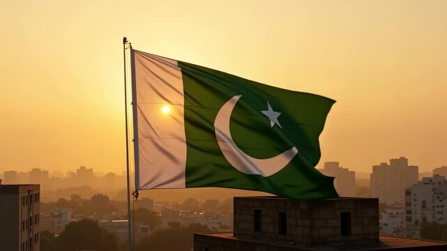 Pakistan flag waving against a golden sunset sky with buildings in the distance in the city view