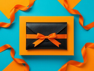 Gift-Wrapped Surprise: An elegantly wrapped present, adorned with a vibrant orange ribbon and a stylish bow, resting on a bold, colored background, signifies a sense of luxury and celebration. 