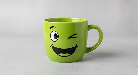 A cheerful green coffee mug with a happy, winking smiley face, isolated on a white background.