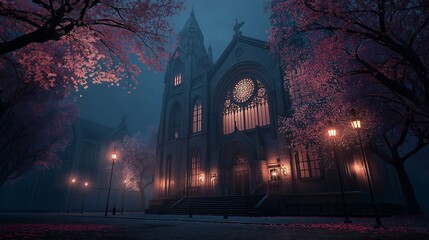 Gothic Church at Night with Pink Blossoms