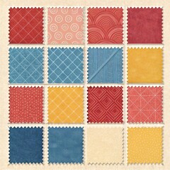 Vintage Pattern Stamps Collage: A collection of vividly colored vintage pattern stamps are artfully arranged on a textured surface. Each stamp exhibits a unique design and color.