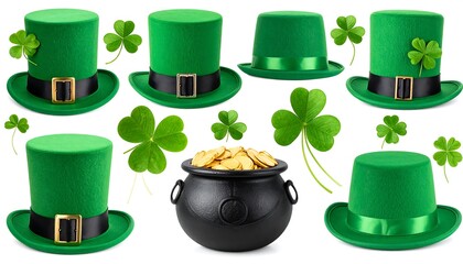 Collection of green leprechaun hats with clovers and gold