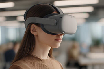 Young businesswoman using virtual reality headset in modern office environment