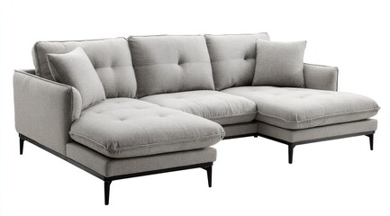 Fototapeta premium Light grey sectional sofa with tufted cushions and black legs