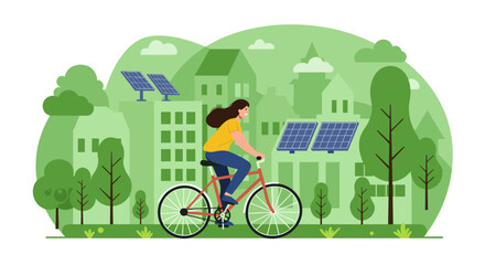 A woman rides a bicycle in a green city environment filled with solar panels, trees, and wind energy. It represents a sustainable lifestyle and the promotion of eco-mobility.
