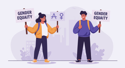 Two individuals hold signs advocating for gender equality, promoting the message of equal rights and representation across all genders.