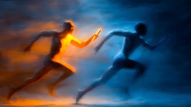 Two abstract runners in a relay race passing a glowing baton, a concept for teamwork, business transition, and collaboration
