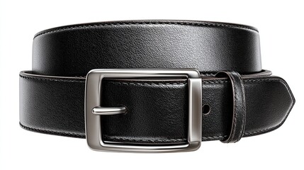 A black leather belt with a silver rectangular buckle, featuring subtle stitching along the edges and a smooth, slightly textured surface.  The belt is rolled and lies flat against a white background