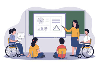 A diverse group of students including wheelchair users participate in an inclusive learning session led by a teacher using a large presentation screen.