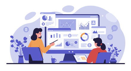 Two professionals analyze data visualizations on a large screen, discussing charts, graphs, and performance indicators. It symbolizes data-driven decision making.
