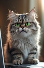 Cute and curious tabby cat with bright green eyes sitting on a laptop