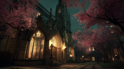 Gothic Church at Night with Pink Blossoms