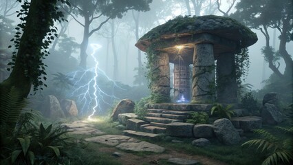 Obraz premium Mystical stone ruin in foggy forest struck by powerful lightning bolt during ancient ritual