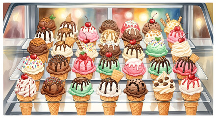 Assorted ice cream cones in a colorful dessert shop display