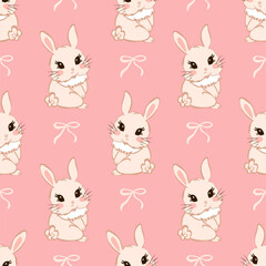 Kawaii Hand Drawn Bunny Seamless Pattern with Ribbon on Pastel Pink Background	
