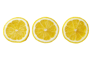 Three lemon slices, arranged horizontally,  displaying vibrant yellow flesh and white pith