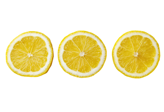 Three lemon slices, arranged horizontally,  displaying vibrant yellow flesh and white pith