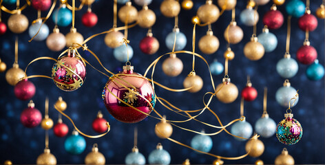 christmas baubles festive collection of colorful christmas ornaments and golden ribbons hanging